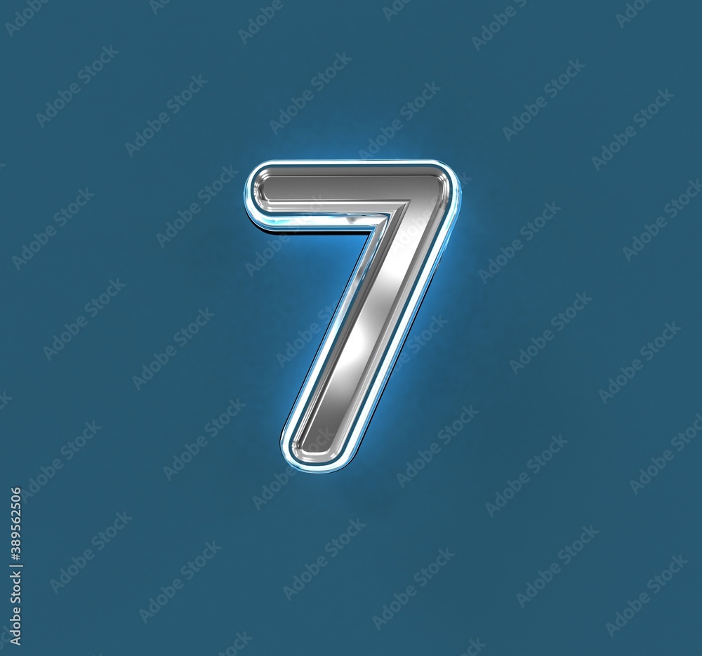 Steel metallic font with white outline and blue backlight - number 7 isolated on blue background, 3D illustration of symbols Steel metallic font with white outline and blue backlight - number 7 isolated on blue background, 3D illustration of symbols