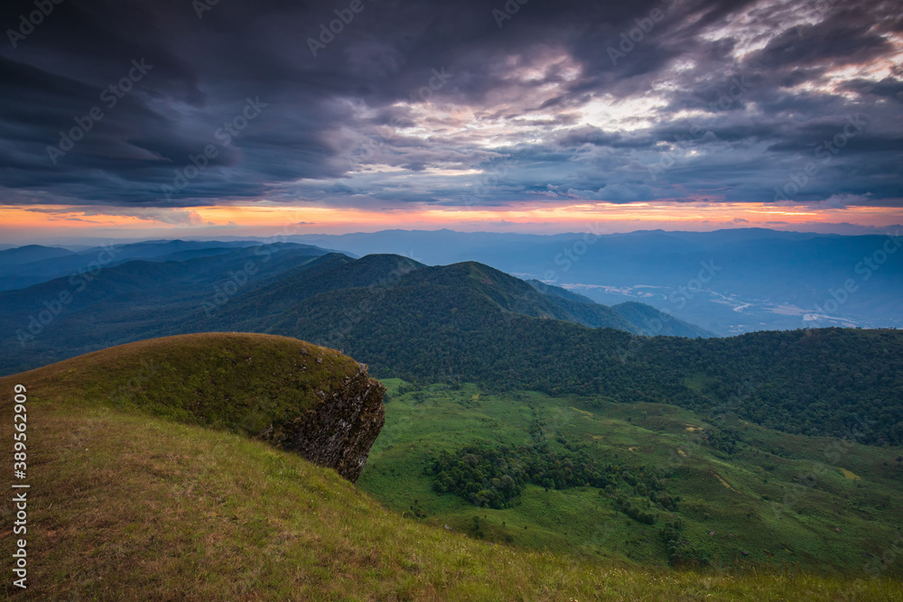 Naklejka premium Landscape of meadow on high mountain in Doi Mon Chong, Chiangmai, Thailand.