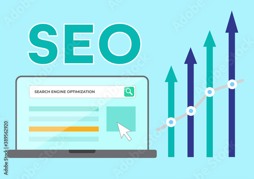 SEO graph and laptop, search engine optimization, vector illustration 