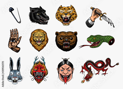 Set of Fashion patches. Tattoo artwork. Bear Dragon Lion Snake Dagger Hare. Hand Drawn Engraved in old vintage sketch. Vector surreal illustration, badges, print for t-shirt.