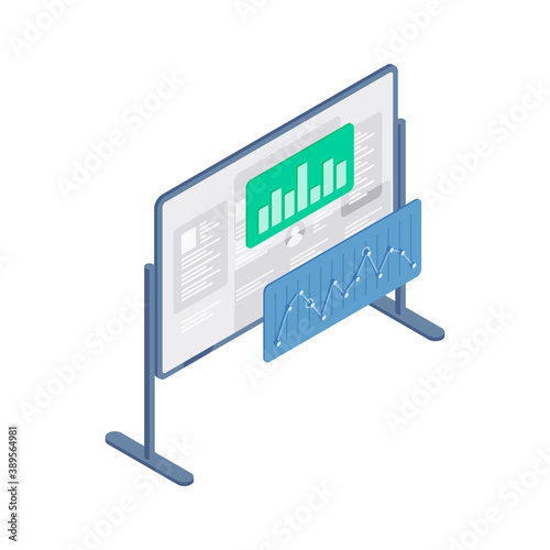 Isometric symbol of whiteboard with charts and graphs