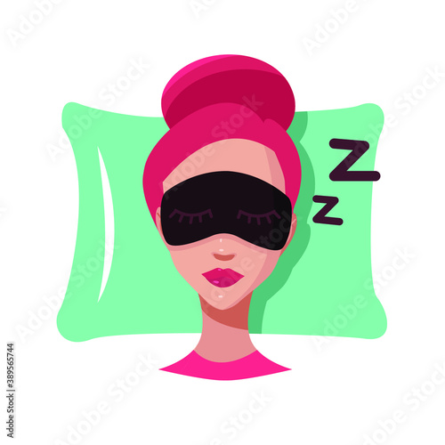 Vector illustration of a sleeping girl. Sleeping on a pillow. Sleep mask. Flat design sticker.