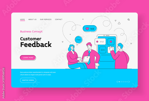 Online support and customer feedback landing page banner. Group characters is conducting web consultation.