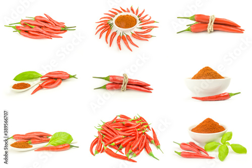 Collage of long fed pepper isolated on a white background with clipping path