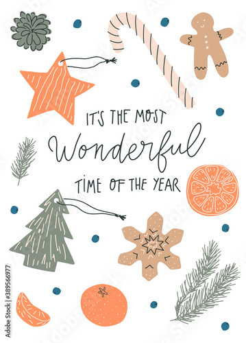 Vector hand drawn Christmas objects set and quote : it s the most wonderful time of the year. Postcard design template