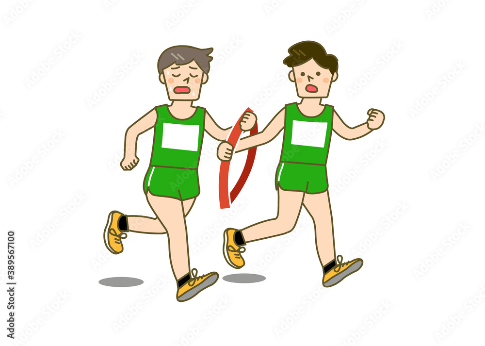 駅伝で疲れた顔の男性が次のランナーにタスキを渡す瞬間のイラスト Stock Vector Adobe Stock