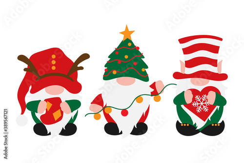 Christmas Gnomes in holiday hats, scandinavian gnome with decoration in hands - sock, garland, snoflake, male nordic gnomes, vector Christmas decoration, traditional tomte, elf or dwarf for greetings