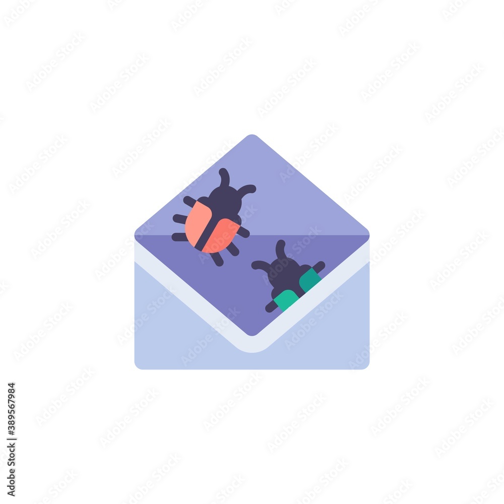 Infected email flat icon, spam mail vector sign, virus malware bug colorful pictogram isolated on white. Symbol, logo illustration. Flat style design