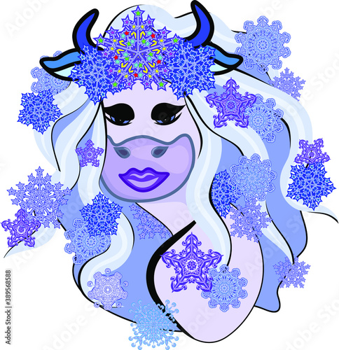 A fairy-tale portrait of a beautiful winter cow, with a hairstyle on her head made of multi-colored snowflakes, they fly and fall on her curls. Lady Winter. 