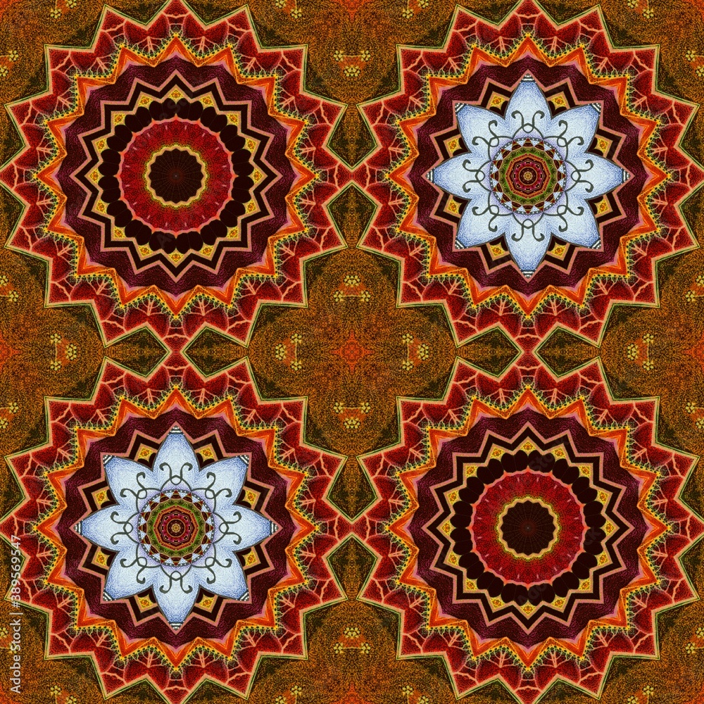 Seamless pattern with stylized flowers on ornamental background in ethnic style. Print for fabric, home textile.