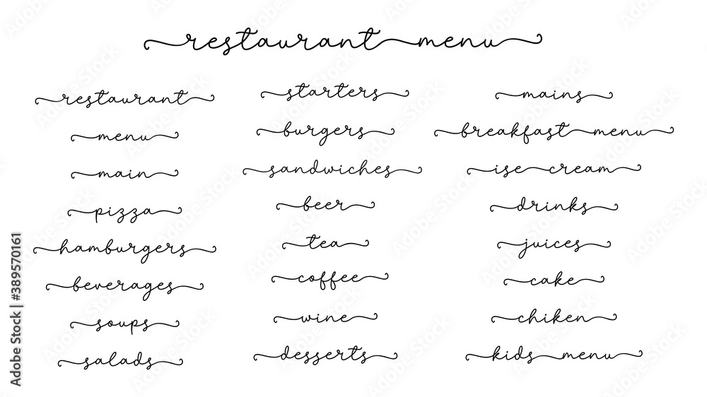 MENU. Restaraunt menu items set. Continuous calligraphy line script