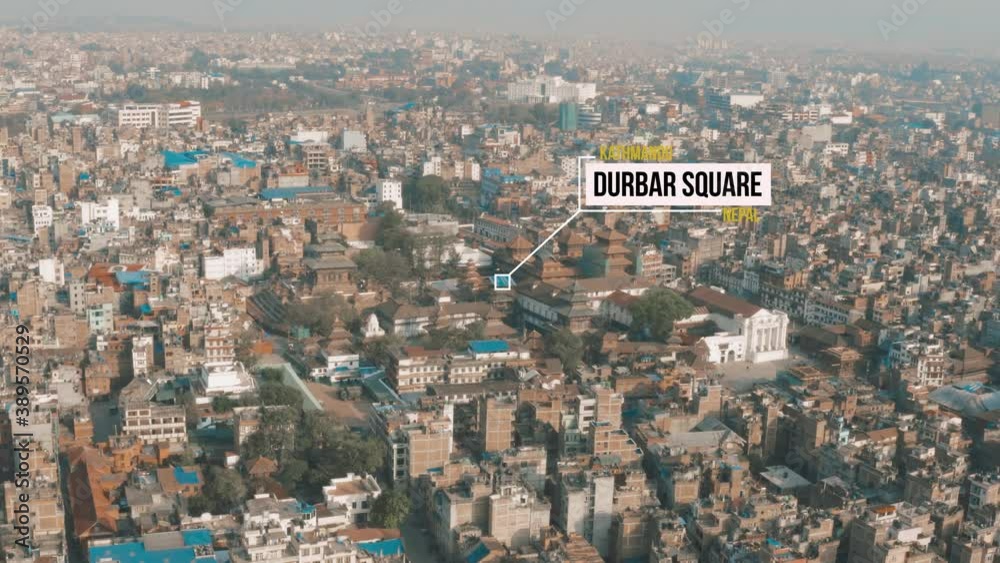 Aerial View of Kathmandu Durbar Square in Nepal with Tracked Call Out Animation