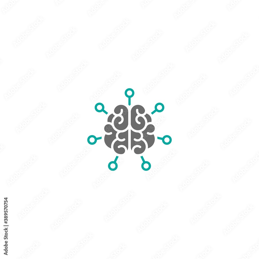 brain with chip or hub system icon. Intellect, phsychology, knowledge power pictogram isolated on white. flat vector illustration.
