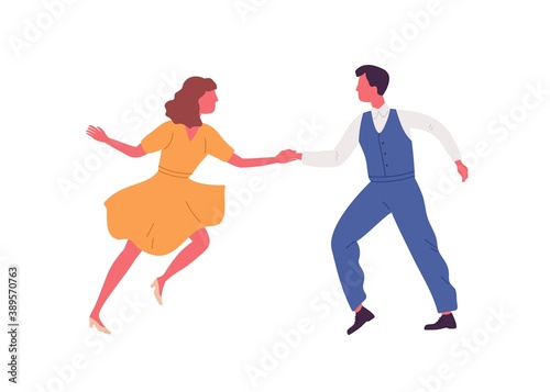 Faceless pair dancing lindy hop in 1950s style costumes. Retro couple holding hands and dance swing together. People on jazz party. Flat vector cartoon illustration isolated on white background