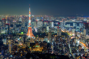 Wandcirkels Tokio Luchtfoto Tokio skyline in avondlicht  © tanarch