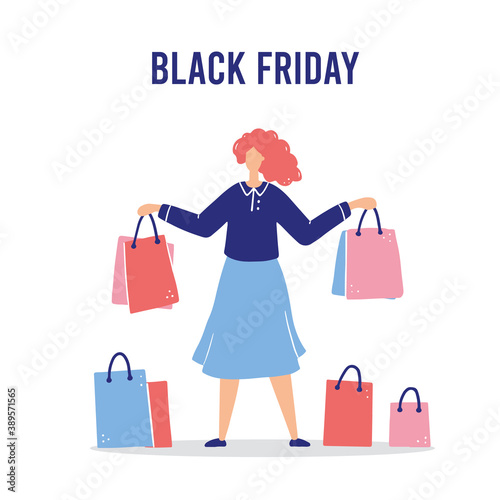 Shopping cartoon woman for sale, discount, buyer, customer concept. Female character with shopping package. © Polina Tomtosova