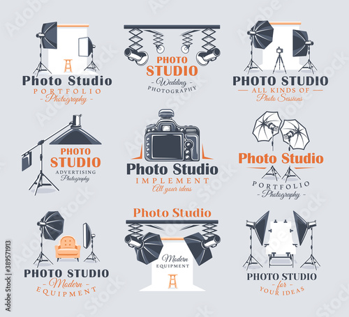 Vintage photo studio labels set. Templates for the design of logos and emblems. Collection of photo studio symbols: spotlight, softbox, strobe. Flat design element. Cartoon stile. Vector illustration