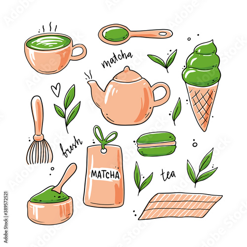 Set of hand drawn matcha tea ingredient and traditional ceremony elements, cup, spoon, matcha leaf. Doodle sketch style illustration.