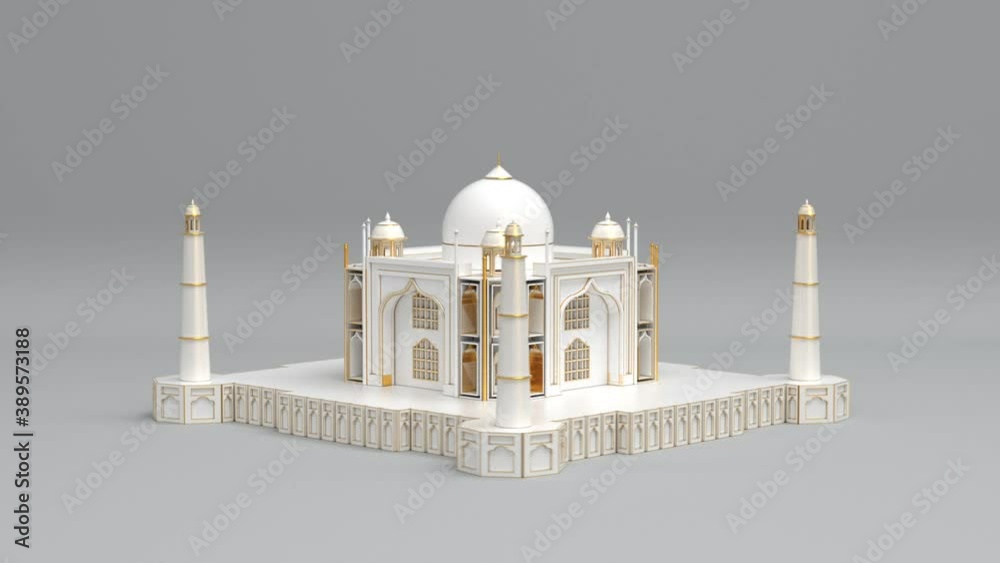 White and gold rotating taj mahal or mumtaz mahal marble monument seamless looping animated background, indian famous travel landmark and mosque minaret love symbol 1080p video