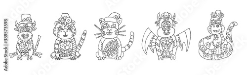 Set of bull, tiger, cat, dragon, snake in steampunk style. Chinese zodiac symbols of the new year. Vector illustration. Eastern horoscope. Metal animals are isolated. Coloring book for children