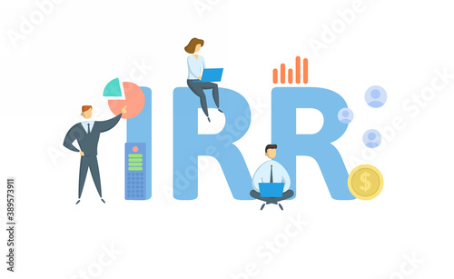 IRR, Internal Rate of Return. Concept with keyword, people and icons. Flat vector illustration. Isolated on white background.