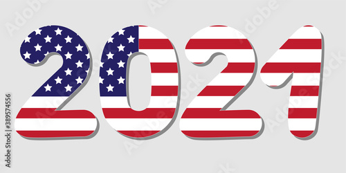 2021 in the form of the American flag. New Year lettering with recognizable elements of the flag.