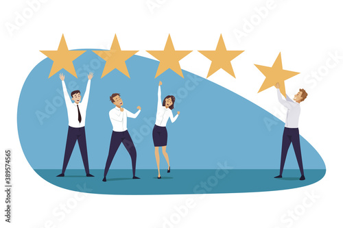 Rating, teamwork, success, goal achievement, business concept. Online assessment market evaluation business verification illustration. Team of businessmen women managers coworkers put five star rank.