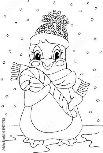 A cute penguin in a hat, holding a lollipop in his paws. First snow in Lapland. Coloring book for winter holidays and Christmas holidays.