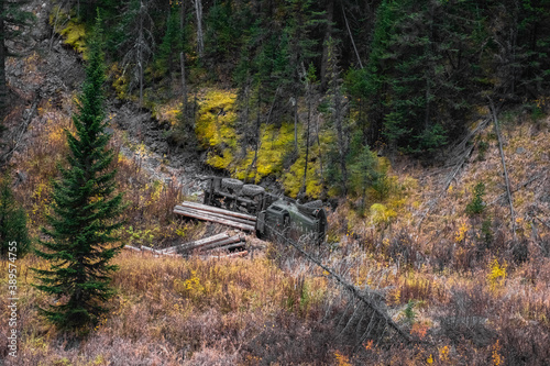 Logging truck rollover accident in a forest. Dangerous profession concept. Extreme driving conditions.