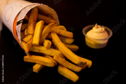 French fries with sauce, deep fried Homemade Baked potato chips fresh mayo