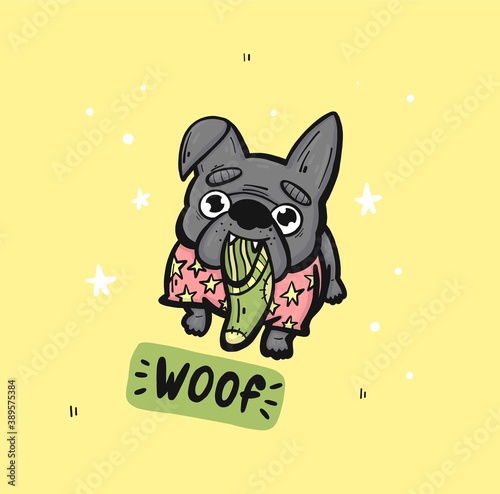 Vector doodle illustration of a French Bulldog in a T-shirt with stars and the inscription woof. The concept is suitable for decorating children's or dog accessories