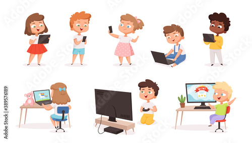 Kids using gadgets. Tablet pc smartphone laptop for children education processes future technology distance learning vector set. Illustration laptop and computer, child characters with technology