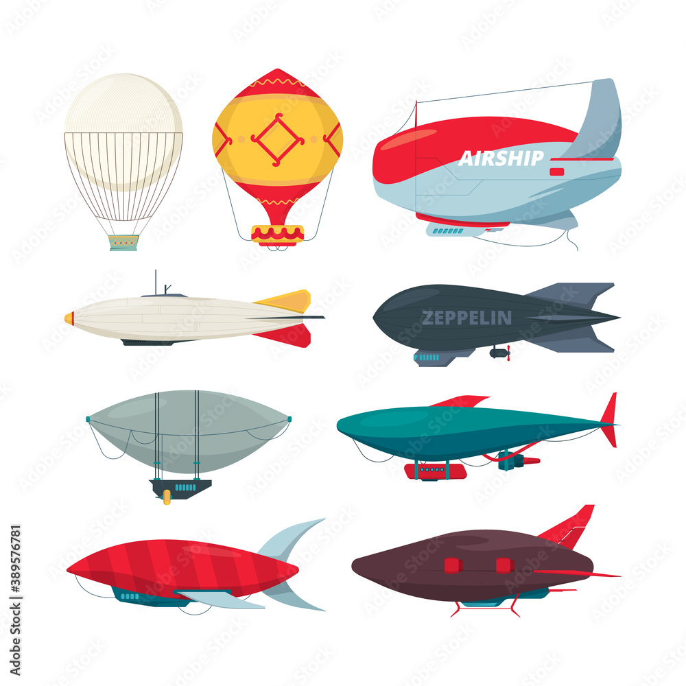 Naklejka premium Flight zeppelin. Airship balloon freedom concept collection vector dirigible set. Illustration dirigible balloon with propeller collection