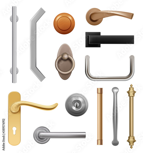 Door handles. 3d modern furniture wooden and metal items interior symbols handles vector realistic. Door handle and holder furniture element illustration photo