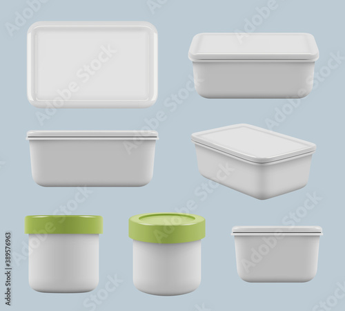 Plastic boxes. Caring food in containers square empty storage utensil for kitchen vector realistic templates. Collection container plastic, box for packaging illustration