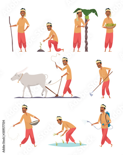 Indian harvester. Farmer human in bangladesh buffalo ground harvesting work vector people. Harvester farmland, colorful india farmer farming agriculture illustration