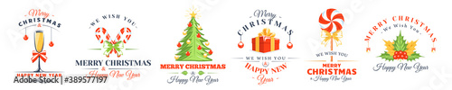 Christmas labels set isolated on white background. Posters, stamps, banners and design elements. Vector illustration