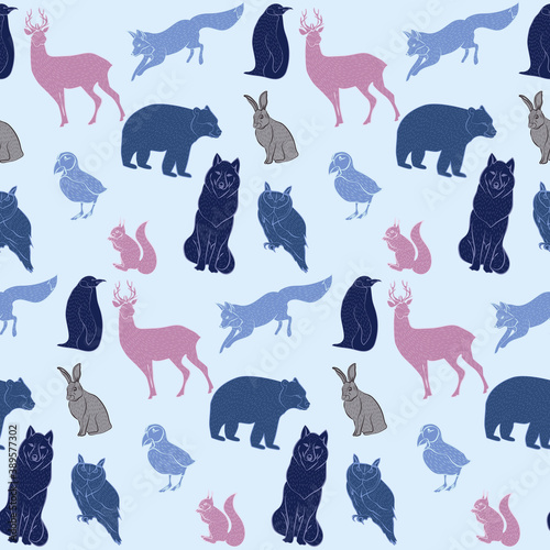Seamless pattern with forest animals. Nordic Scandinavian style. Editable vector illustration.