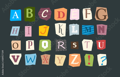 Collage alphabet. Sliced letters various funny style font for flyer or anonymous notes vector colored punk alphabet. Illustration alphabet collage, typography letter font
