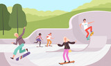Skatepark. Outdoor extreme activities skateboarders lifestyle urban park action characters vector background. Illustration skateboarder outdoor, skatepark extreme urban