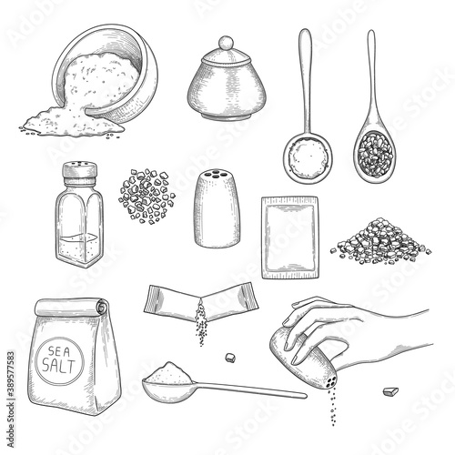 Drawn salt. Eating natural ingredients for preparing food sea crystal salt in packages vector illustrations. Mineral ingredient package, different natural salt for eating and preparation