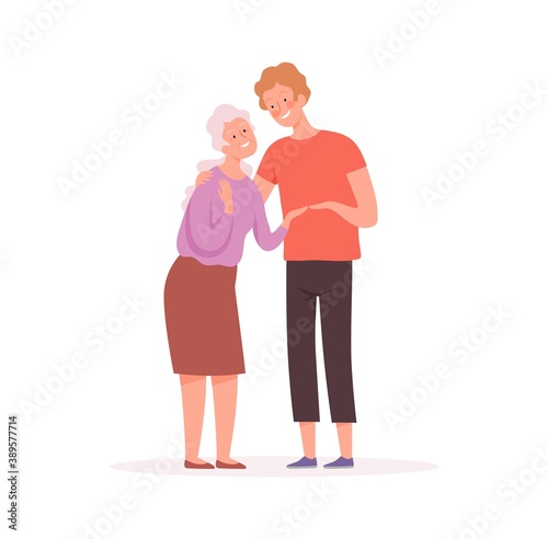 Grandmother and grandson. Elderly character, old woman and boy, social worker or relative vector illustration. Grandmother and child, happiness relationship