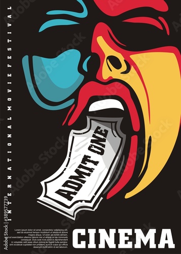 Cinema poster with man graphic and cinema ticket. Conceptual artistic contemporary design template for movie industry. Vector image.