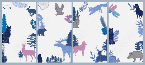 Winter Holidays vertical background collection with plants, forest nordic animals in Scandinavian style. Editable vector illustration.