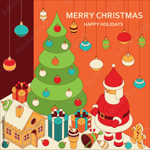 Christmas background with isometric cute toys. Funny Santa and gingerbread house