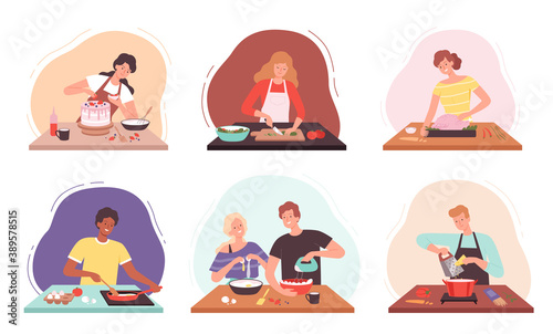Preparing food. Characters cooking in kitchen happy people baked professional or family chef vector illustrations. Illustration woman cooking and preparing food