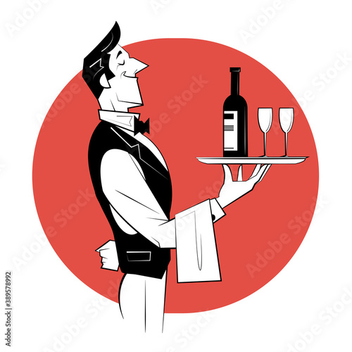 Waiter holding a silver tray with a bottle of wine and wine glasses. Sketch style illustration.