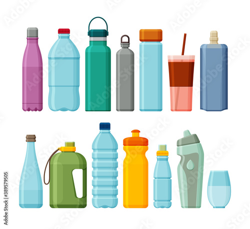 Set of different sport and plastic water bottles isolated on white