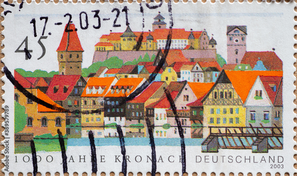 GERMANY - CIRCA 2003 : a postage stamp from Germany, showing a historical view of the city of Kronach. 1000 years