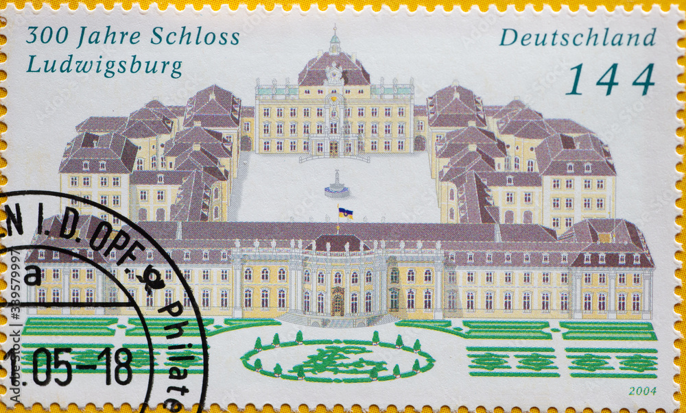 GERMANY - CIRCA 2004 : a postage stamp from Germany, showing a palace complex with a symmetrical garden. 300 years of Ludwigsburg Palace